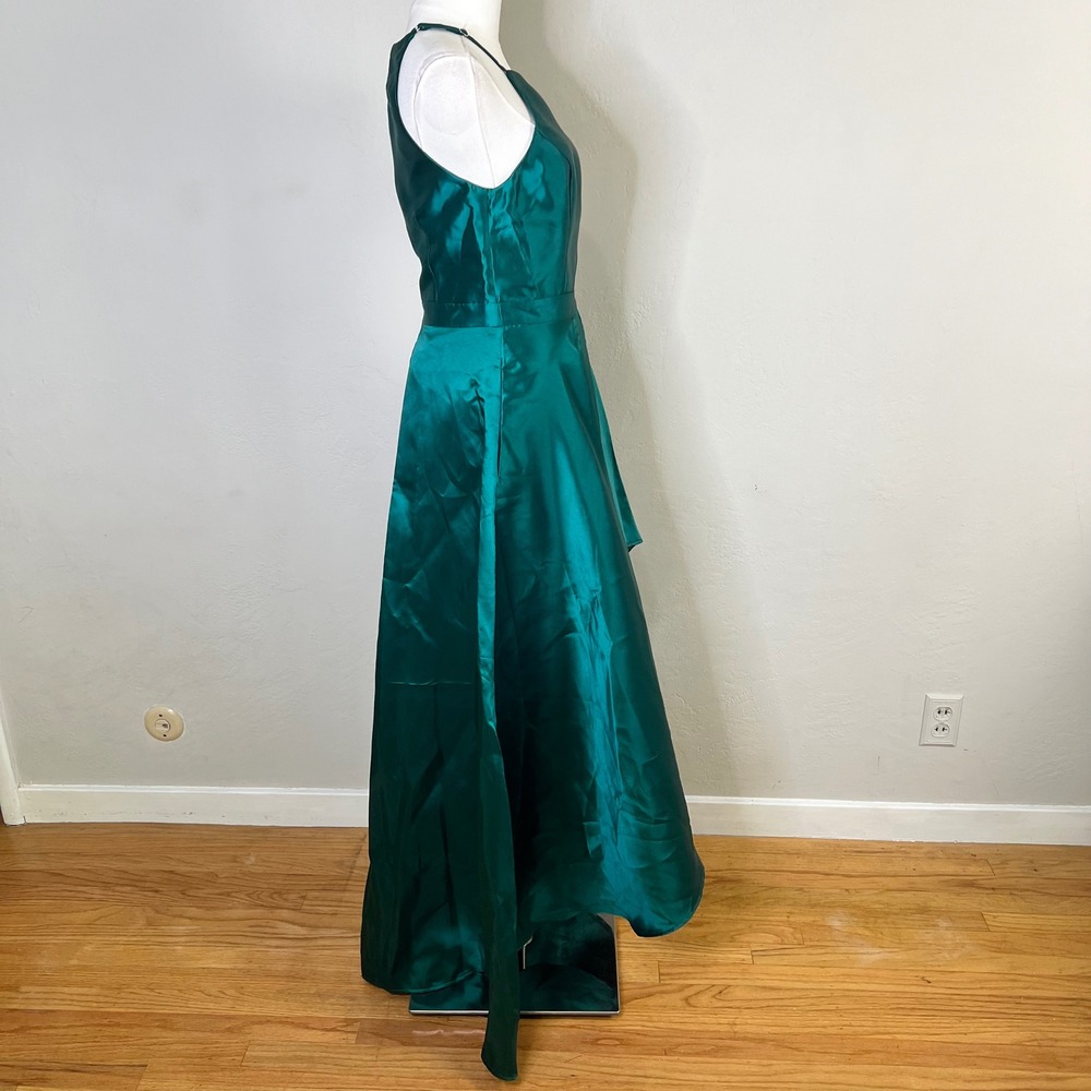 Lulus Gown High-Low Halter Neck Size Small Emerald‎ Green Satin Pockets New - Picture 4 of 8